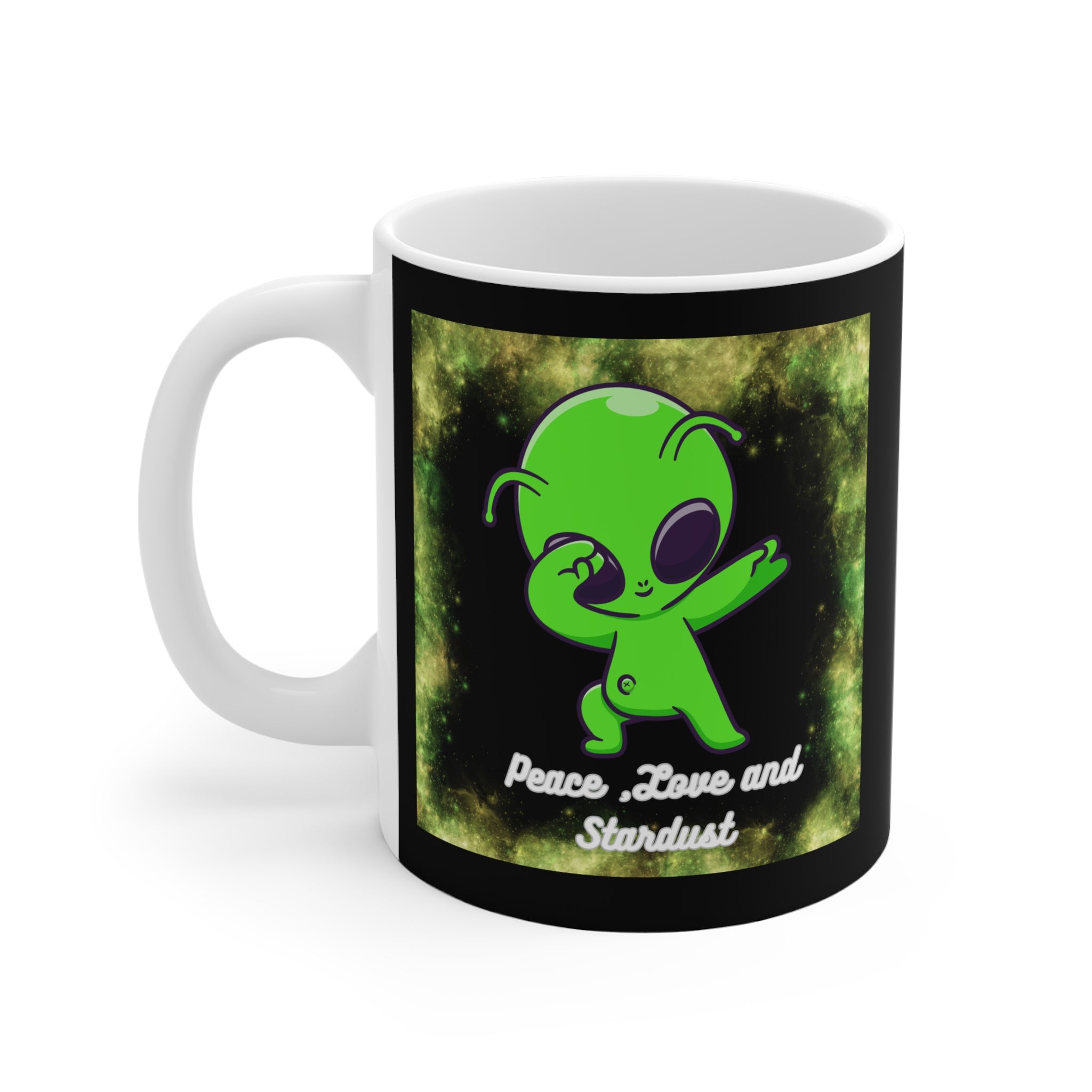 "Peace Love & Stardust" Tanzender Alien Keramiktasse – Lustige Weltraum Geschenkidee