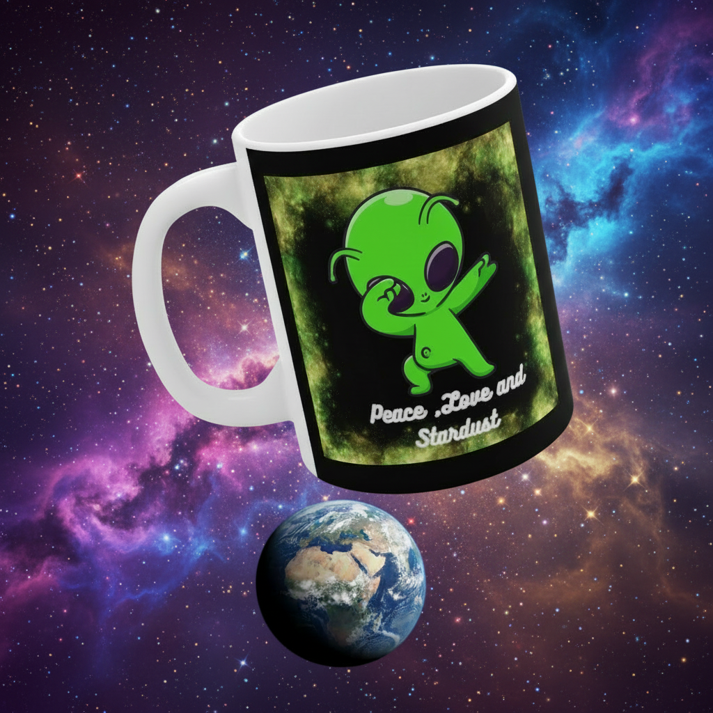 "Peace Love & Stardust" Tanzender Alien Keramiktasse – Lustige Weltraum Geschenkidee
